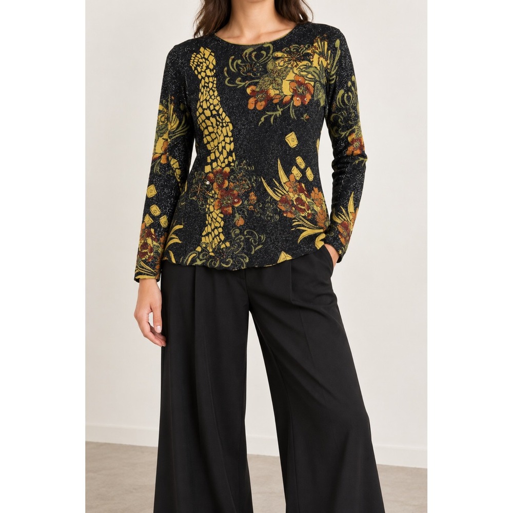 Vintage Art to Wear SweaterBlack Gold Metallic Floral Lagenlook Boho Quirky Sz M